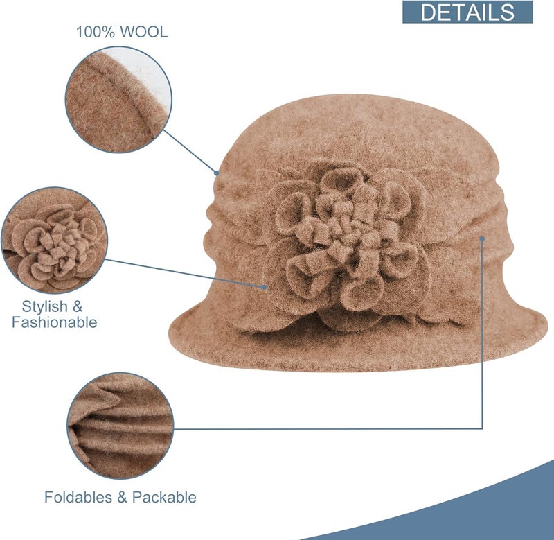 Sumolux Women Beret Hat French Vintage Floral Wool Dress Cloche Classic Winter Hat 1920s - Image 3